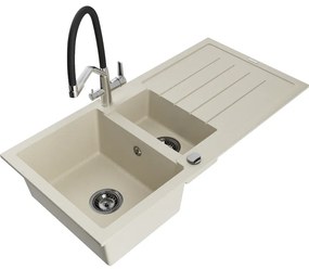 Mexen Andres Chiuvetă de granit de 1,5 compartiment cu picurător și baterie de bucătărie Duo, Bej - 6515-69-671701-07-B