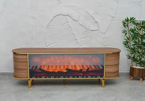 RESIGILAT- Comoda TV cu șemineu electric și riflaje, boxe Bluethooth, telecomandă, Lemn/Auriu, 180x40x50cm