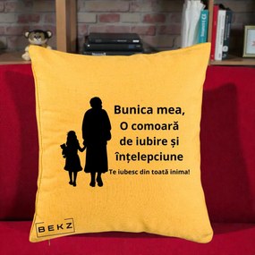 Cadou pentru Bunica - Perna Personalizata Bunica Mea Comoara Iubire Intelepciune Silueta, 40x40 cm, Galben, Husa Detasabila, Perna Inclusa, BEKZ®