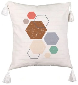 Perna Decorativa cu Franjuri, Model Forme Geometrice 3, Multicolor 45x45 cm, Ecru, Cu fermoar