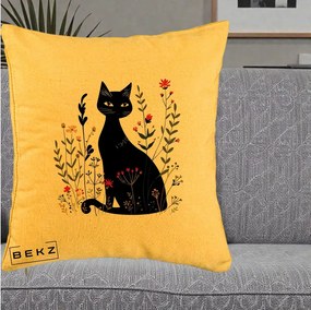 Perna Decorativa Pisica Neagra Botanica Rosu-Gri, 40x40 cm, Galben, Husa Detasabila, Perna Inclusa, BEKZ®