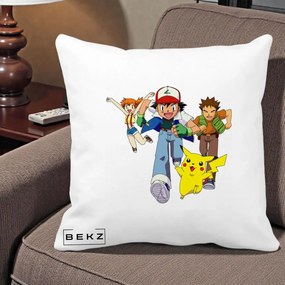 Perna Personalizata Pokemon Ash Misty Brock si Pikachu, 40x40 cm, Alba Mata, Husa Detasabila, Perna Inclusa, BEKZ®