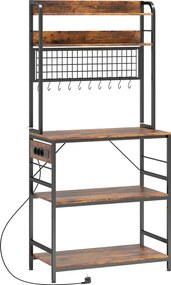 HOMCOM Raft de Bucătărie cu Prize și Rafturi Reglabile, Raft pentru Cuptor cu Microunde cu 5 Niveluri, Panou cu Grilaj și 10 Cârlige, Mobilier Vintage Structură din Oțel, 80x40x170 cm, Maro Rustic | Aosom Romania