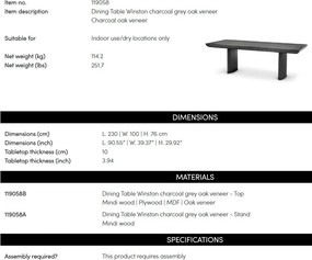 Masa Dining din Lemn, MDF furniruit, Gri Carbune, Winston 230x100cm