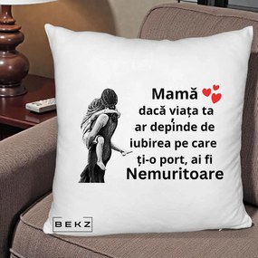 Cadou pentru Mama - Perna Personalizata Mama Nemuritoare Gravura Vintage, 40x40 cm, Alb Pufos, Husa Detasabila, Perna Inclusa, BEKZ®