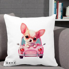 Perna Decorativa Chihuahua Roz in Masinuta, 40x40 cm, Alba Mata, Husa Detasabila, Perna Inclusa, BEKZ®