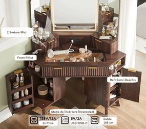 Masuta machiaj cu Oglinda LED si 3 Sertare pentru Cosmetice, Set Masa toaleta 122 cm, Maro, masuta cosmetica, vanity - SEM22