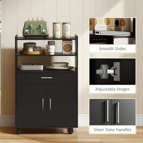 HOMCOM Dulap pentru Cuptorul cu Microunde cu Roți, Bufet de Bucătărie cu Sertar, Blat pentru Aparate, Dulap cu 2 Uși, Raft Retractabil și Raft Deschis, Cărucior de Bucătărie pentru Sufragerie, 59x40x92cm, Negru | Aosom Romania