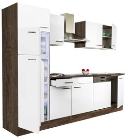 Mobilă de bucătărie Yorki 280, corp din stejar Yorki, față alb satinat, frigider cu congelator superior