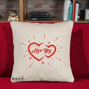 Cadou Romantic - Perna Personalizata Love You Doua Inimi, 40x40 cm, Bej Canapea, Husa Detasabila, Perna Inclusa, BEKZ®