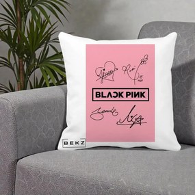 Perna Personalizata K-pop BLACKPINK Semnaturi Roz, 40x40 cm, Alba Mata, Husa Detasabila, Perna Inclusa, BEKZ®