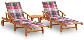 vidaXL Șezlonguri, 2 buc., cu masă și perne, lemn masiv de acacia