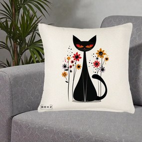 Perna Decorativa Pisica Neagra Ochi Rosii Flori, 40x40 cm, Crem Reliefat, Husa Detasabila, Perna Inclusa, BEKZ®