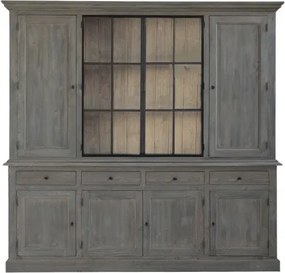 Bufet vitrină din lemn masiv de pin, gri, cu 8 uși, dintre care 2 vitrate cu rame metalice, și 4 sertare, finisaj décapé, 222 x 237 x 48 cm, „Luberon”