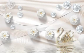 Tapet Premium Canvas - Abstract flori albe cu diamante
