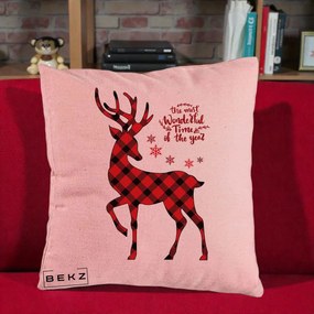 Perna Decorativa Ren Buffalo Plaid Craciun, 40x40 cm, Roz, Husa Detasabila, Perna Inclusa, BEKZ®