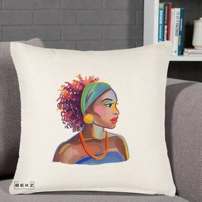 Perna Decorativa Portret Femeie Urbana Acuarela, 40x40 cm, Crem Reliefat, Husa Detasabila, Perna Inclusa, BEKZ®