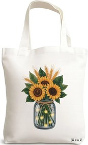 Sacosa de Panza pentru Cumparaturi, Geanta Tote, model Sunflowers 2 38 x 34.5 cm, Alba, BEKZ®