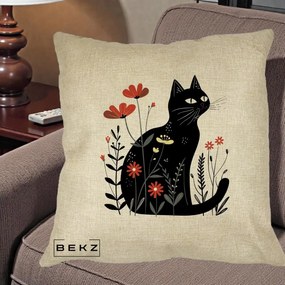 Perna Decorativa Pisica Neagra Flori Rosii Folk, 40x40 cm, Crem, Husa Detasabila, Perna Inclusa, BEKZ®