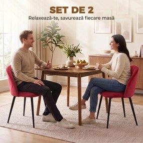 HOMCOM Set de 2 Scaune de Sufragerie din Catifea cu Spătar Tip Scoică, Culoare Roșu Vin, | Aosom Romania