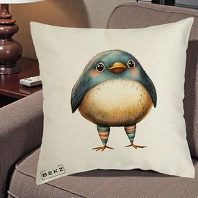 Perna Decorativa Pasare Teal-Bej cu Sosete Curcubeu, 40x40 cm, Ecru, Husa Detasabila, Perna Inclusa, BEKZ®