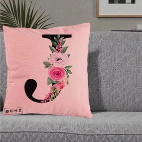 Cadou Personalizat - Perna Personalizata Monograma Florala Litera J, 40x40 cm, Roz, Husa Detasabila, Perna Inclusa, BEKZ®