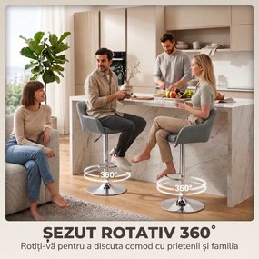 HOMCOM Set 2 Taburete Bar Rotative Catifea, Înălțime Reglabilă, Suport Picioare, Spătar, Bază Metalică, Gri | Aosom Romania