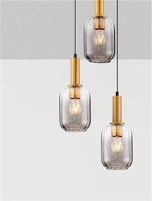 Lustra cu 3 pendule, Metal, Auriu, Sticla, Fumurie, MAHO