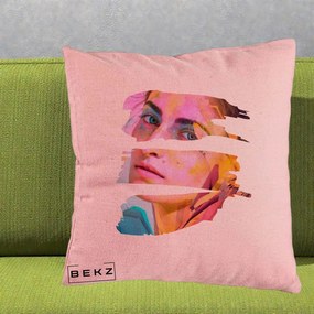 Perna Decorativa Portret Femeie Fragmentat Colorat, 40x40 cm, Roz, Husa Detasabila, Perna Inclusa, BEKZ®