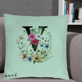 Cadou Personalizat - Perna Personalizata Monograma Florala Litera V cu Coroana, 40x40 cm, Verde Menta, Husa Detasabila, Perna Inclusa, BEKZ®