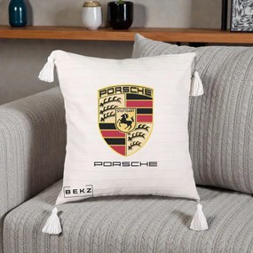 Perna Personalizata Porsche Stuttgart, 40x40 cm, Bej cu Franjuri, Husa Detasabila, Perna Inclusa, BEKZ®