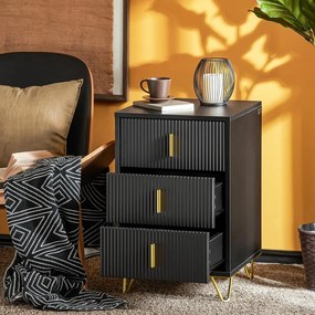 NON12 - Set 2x Noptiere negre 40x40x63cm, riflaje, cu 3 sertare, dormitor - Negru-Auriu
