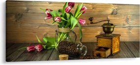Tablou - lalele, râșniță și cafea (120x50 cm)