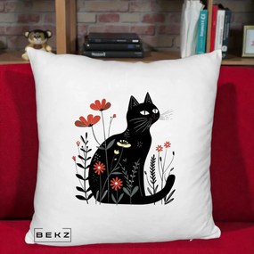 Perna Decorativa Pisica Neagra Flori Rosii Folk, 40x40 cm, Alb Pufos, Husa Detasabila, Perna Inclusa, BEKZ®