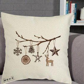 Perna Decorativa Ornamente de Lemn pe Ramura, 40x40 cm, Ecru, Husa Detasabila, Perna Inclusa, BEKZ®