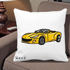 Perna Personalizata Masina Cabriolet Galbena Grafic, 40x40 cm, Alba Mata, Husa Detasabila, Perna Inclusa, BEKZ®