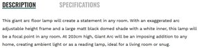 Lampadar/Lampa de podea tip arc Giant