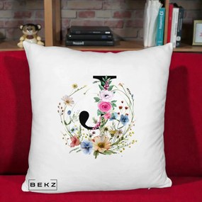 Cadou Personalizat - Perna Personalizata Monogram Litera J cu Flori Acuarela, 40x40 cm, Alb Pufos, Husa Detasabila, Perna Inclusa, BEKZ®