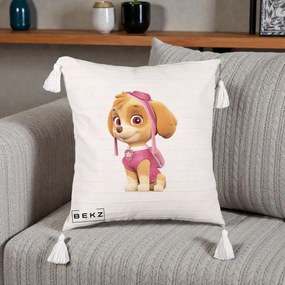 Perna Personalizata Skye PAW Patrol Roz, 40x40 cm, Bej cu Franjuri, Husa Detasabila, Perna Inclusa, BEKZ®