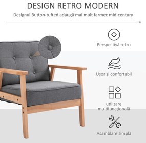 HOMCOM Fotoliu Vintage Stil Scandinav Moale și Confortabil Capitonat cu Butoni, 64,5x70x74 cm, Gri | Aosom Romania