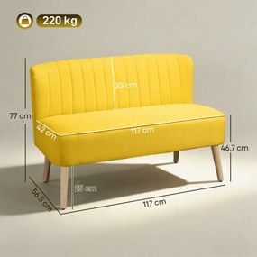 HOMCOM Canapea cu 2 Locuri din Țesătură, Fără Brațe, Canapea de Sufragerie cu Picioare din Lemn, 117x56,5x77 cm, Galben | Aosom Romania