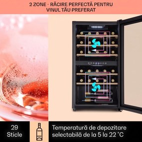 Klarstein Barossa 29 Duo, frigider pentru vin, 29 sticle, 80 litri, 2 zone, buton de control