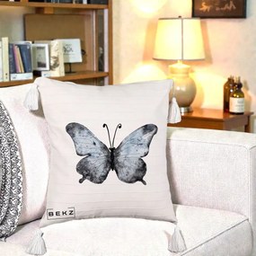 Perna Decorativa Fluture Acuarela Albastru-Gri, 40x40 cm, Bej cu Franjuri, Husa Detasabila, Perna Inclusa, BEKZ®