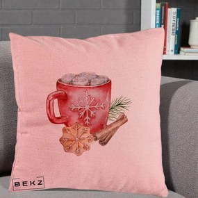 Perna Decorativa Cacao de Iarna cu Biscuit, 40x40 cm, Roz, Husa Detasabila, Perna Inclusa, BEKZ®
