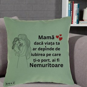 Cadou pentru Mama - Perna Personalizata Mama Nemuritoare cu Copilul in Poala, 40x40 cm, Verde, Husa Detasabila, Perna Inclusa, BEKZ®