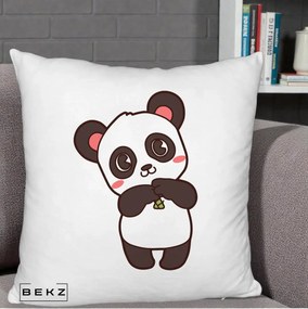 Perna Personalizata Panda Kawaii cu Bambus, 40x40 cm, Alb Pufos, Husa Detasabila, Perna Inclusa, BEKZ®