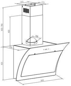 Sabia digestor, sticlă de siguranță, 60 cm, montaj pe perete