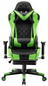 Scaun gaming, masaj in perna lombara, sezut benzi elastice sustinere suplimentara, cotiere 3D, suport picioare, funcție sezlong, 90-180 grade, Negru/Verde