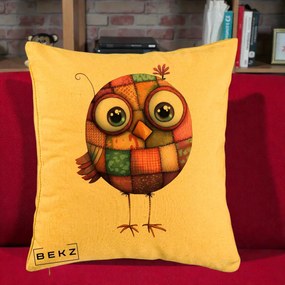 Perna Decorativa Pasare Patchwork Roz cu Floare, 40x40 cm, Galben, Husa Detasabila, Perna Inclusa, BEKZ®