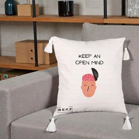 Perna Decorativa Keep An Open Mind, 40x40 cm, Bej cu Franjuri, Husa Detasabila, Perna Inclusa, BEKZ®